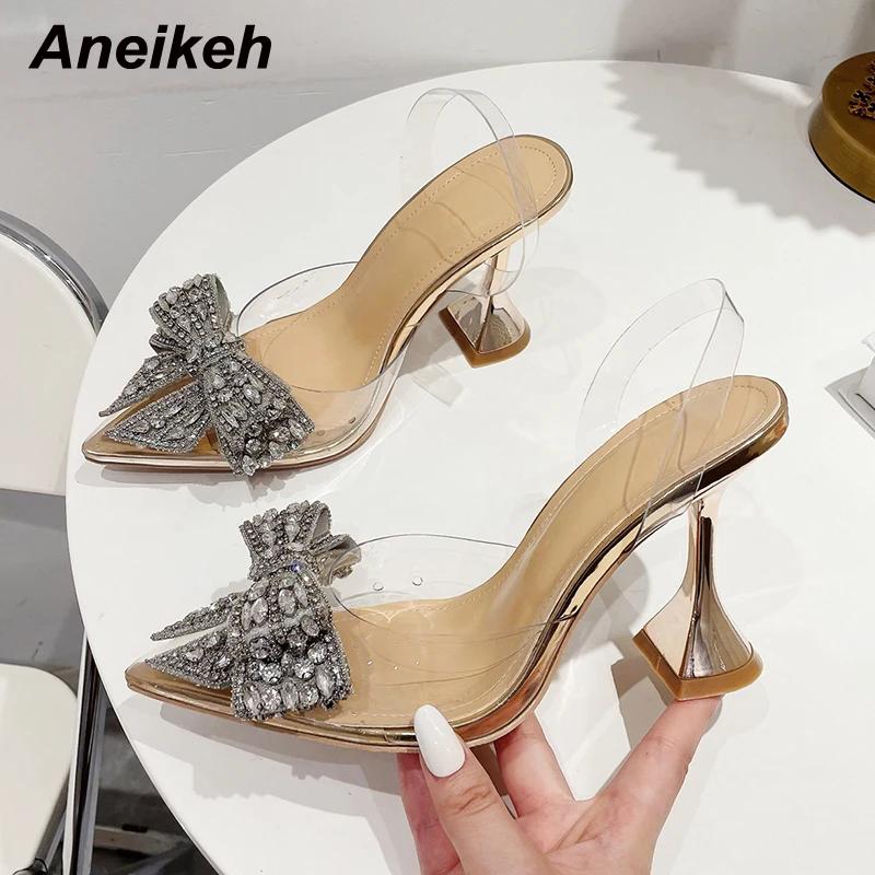 

Pesstwei 2026 Fashion Crystal Sequined Bowknot Women Pumps Sexy Pointed Toe High Heels PVC Transparent Sandals Wedding Prom Shoes 35 шампанского