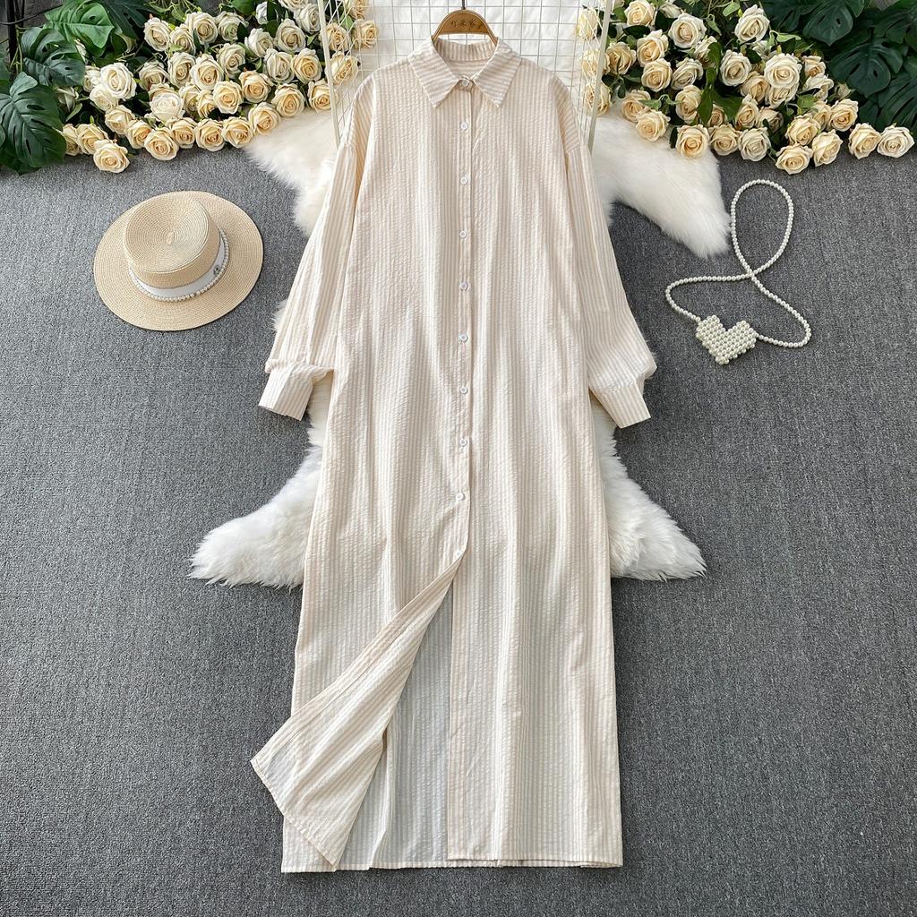 Wind casual temperament striped lapel shirt dress women's new single-breasted loose and thin dress