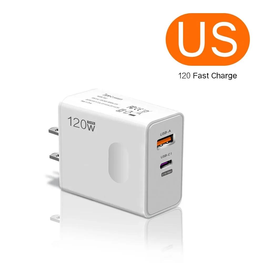 120W GaN USB C PD Charger Quick Charge 3.0 Fast Phone Charger Adapter For iPhone 16 Xiaomi EU/US Plug Portable Wall Fast Charger