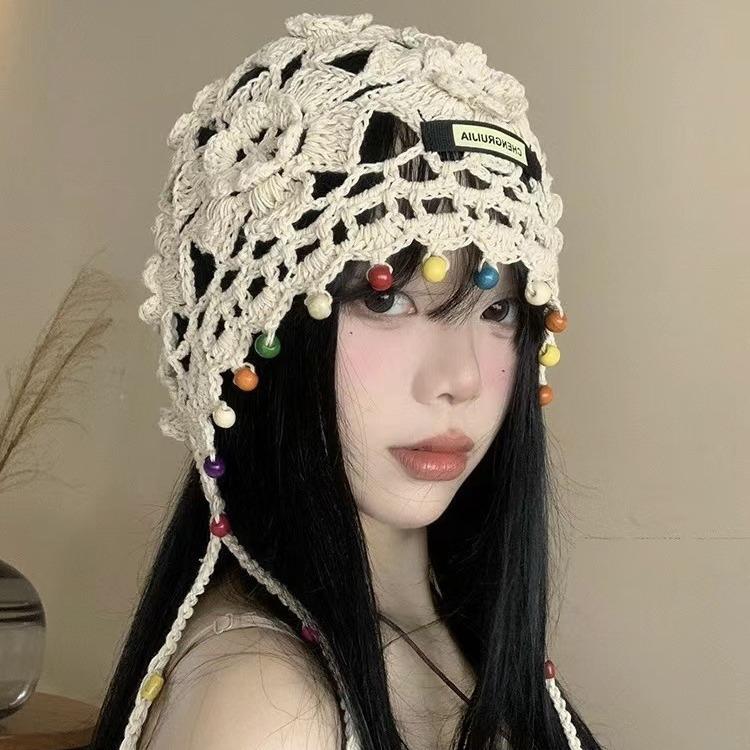 Tassel Knitted Head Hat for Women Retro Hollow Ethnic Style Pullover Hat Handmade Knit Hat