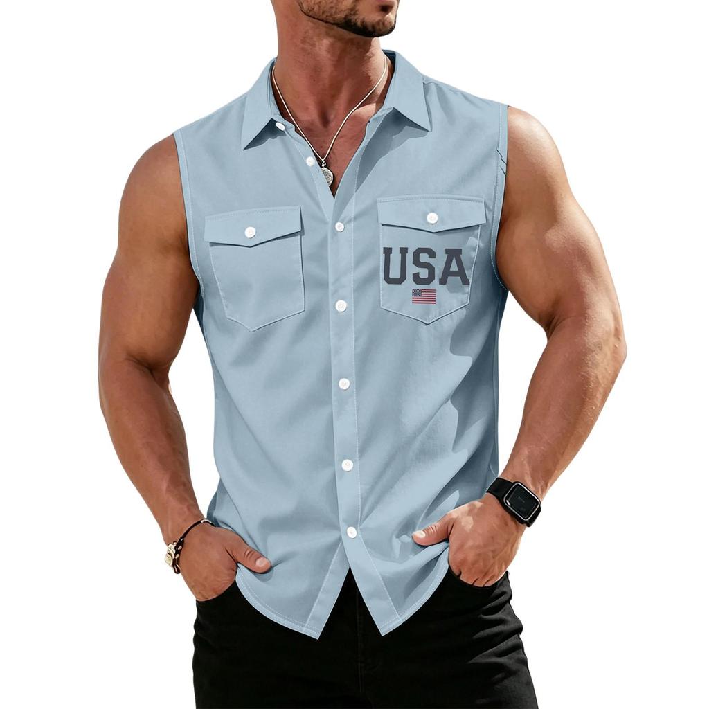Men's Workwear Lapel Button-Down Vest Shirt - Lightweight Sleeveless Top