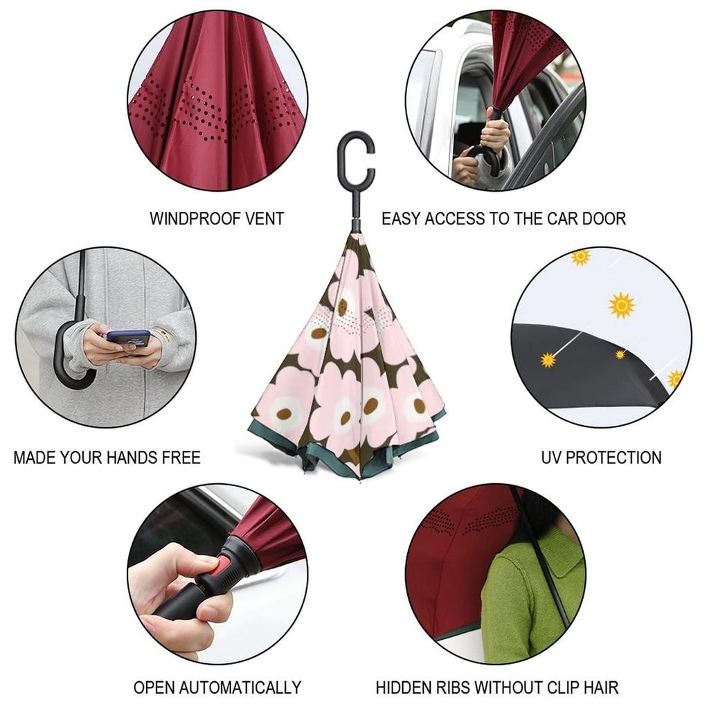 Inverted Umbrella with Floral Nordic Reverse Long Strong Wind UV Water Suitable for Rain or Car Business Light Heat Character Design Pattern, Design,