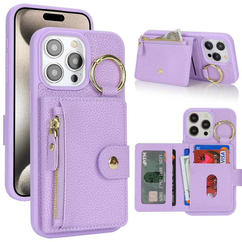 Applicable to iPhone16 mobile phone case 15Pro lychee pattern zipper change bag insert card ring buckle 14plus card bag