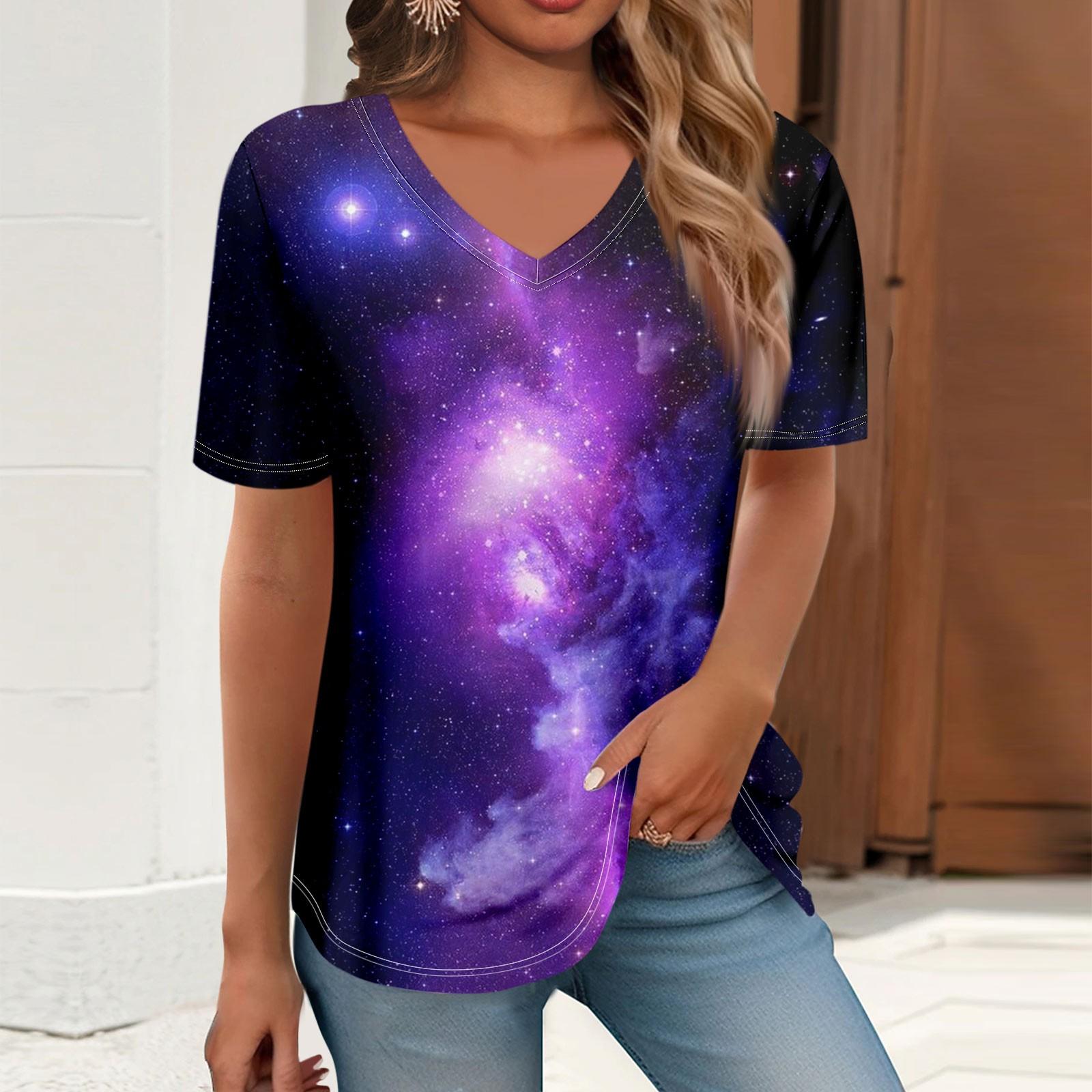 Women s Fashion V-neck Short Sleeved Printed Casual T-shirt Top XL