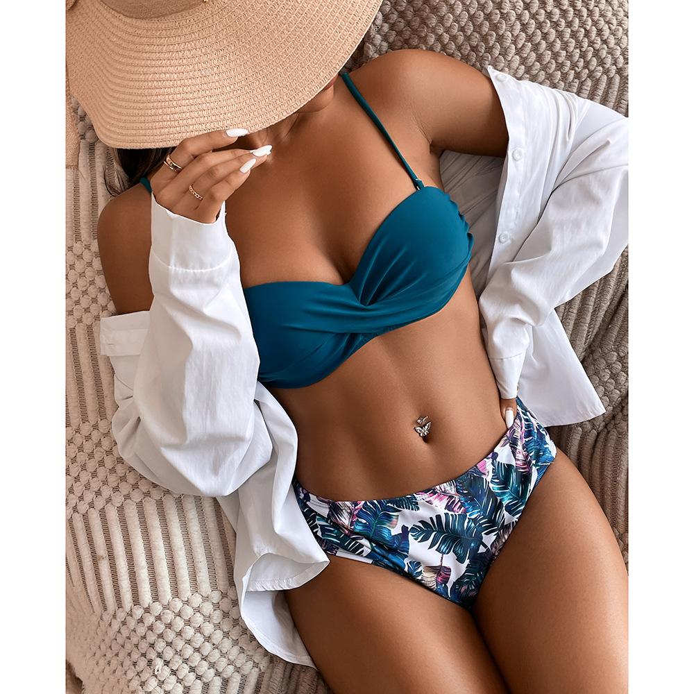 Swimsuit Women Hard Clad Steel Split Swimwear Halter Neck High Waist Sexy Leopard Bikini Sets
