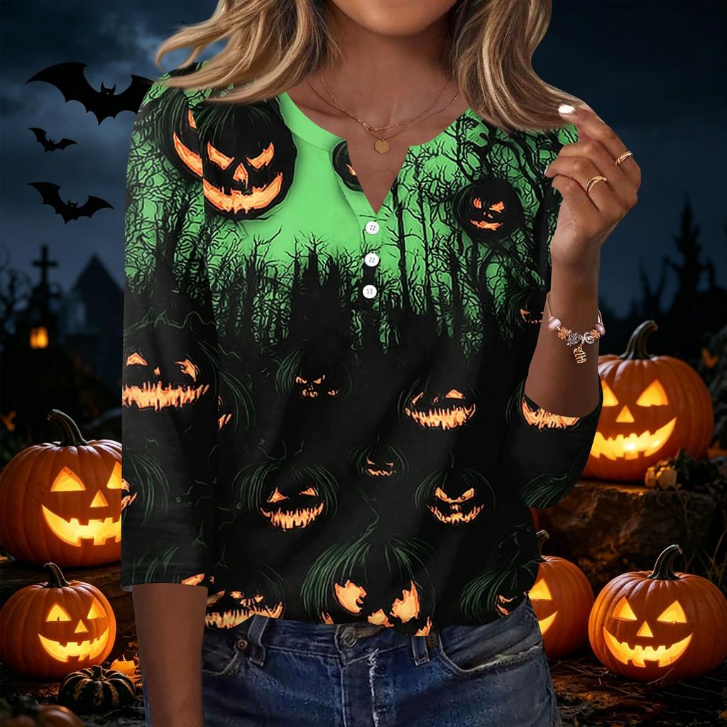 Women's Casual Halloween Print V Neck Button Three Quarter Sleeve T Shirt Top Lightweight Soft Fabric Comfortable Fit