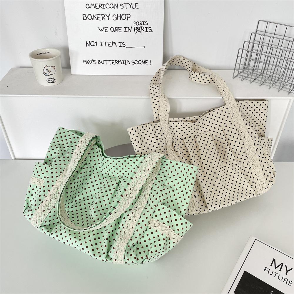 1 Polka Dot Canvas Bag Women's Niche Sweet Lace Shoulder Bag Commuter Large Capacity Tote Bag