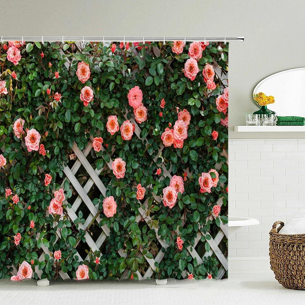 3D Wodoodporna Tkanina Poliestrowa Zasłona Prysznicowa Patio Ściana Kwiatowa Krajobraz Zasłony Łazienkowe z Haczykami Dekor Wanny Ekran