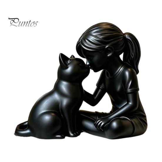 Girl Cat Sculpture 3D Printed and Statue, Cute with Kitty Figurine Resin Desktop Decor, Modern Art High-end Texture Ornament for Home Office