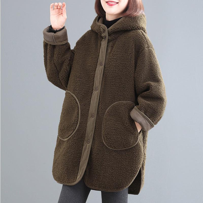 Women Thickening Splicing Together Outwear Korean Ladies Hooded Lamb Plush Jacket Winter Female Medium Long Styles Top Coat