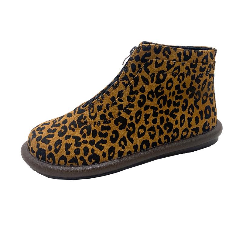 Autumn and Winter New European and American Simple and Versatile Leopard Print Low Heel Short Tube Front Zipper  Large Size Fashion Boots
