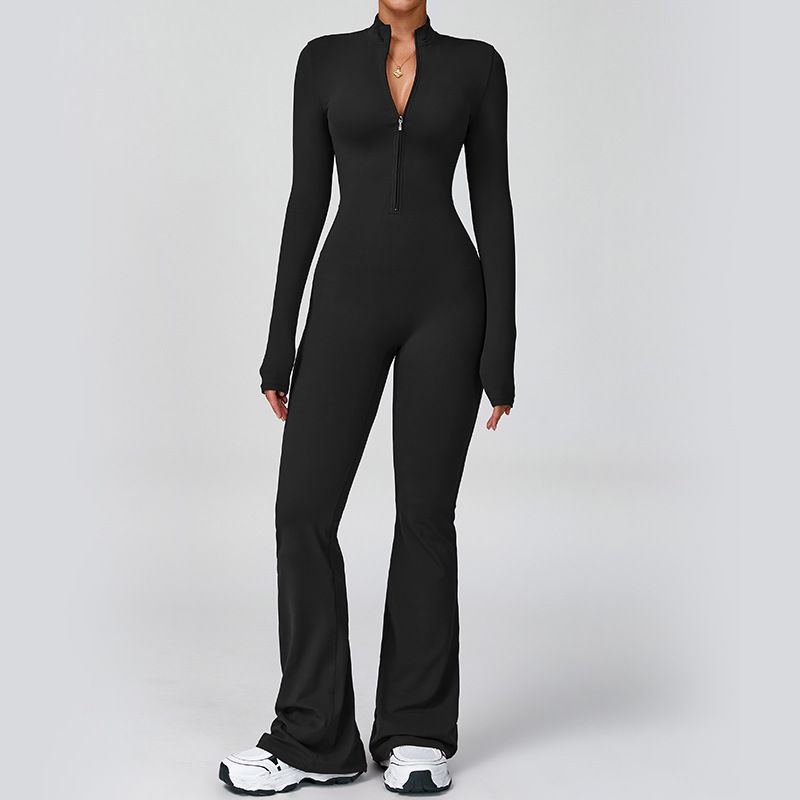 

Fashion Zipper Cloud Sense Long Sleeves Yoga Jumpsuit High Intensity Fitness Exercise One-Piece One-Piece Bodysuit Classy Black (no chest pad) M