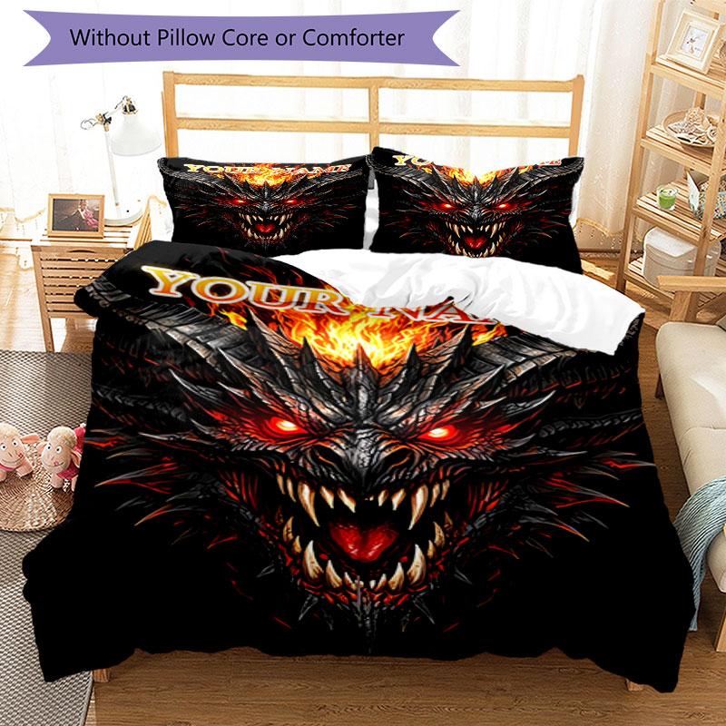 3PC Custom Name Fiery Demon Artwork Bedding Set Duvet Cover Closure Includes 1 Duvet Cover & 2 Pillowcases for Bedroom
