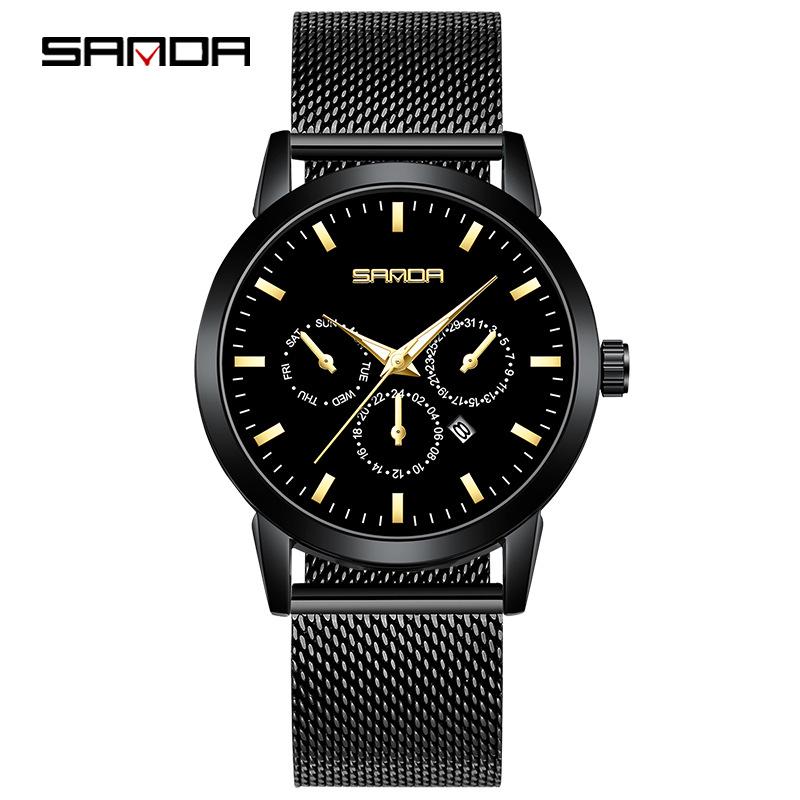 Sanda Men s Fashion Quartz Watch: Korean Style, Six Hands, Triple Dial, Leather & Mesh Straps, Calendar Feature