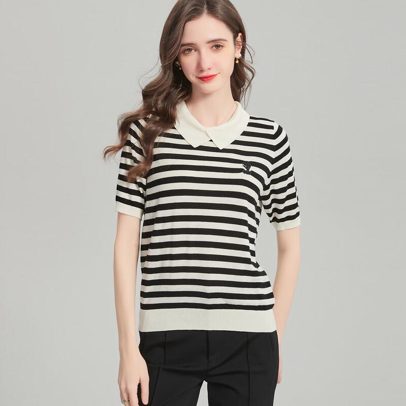 SNOWFORTE Women's Wool-Blend Striped Polo Knit Short-Sleeve Top