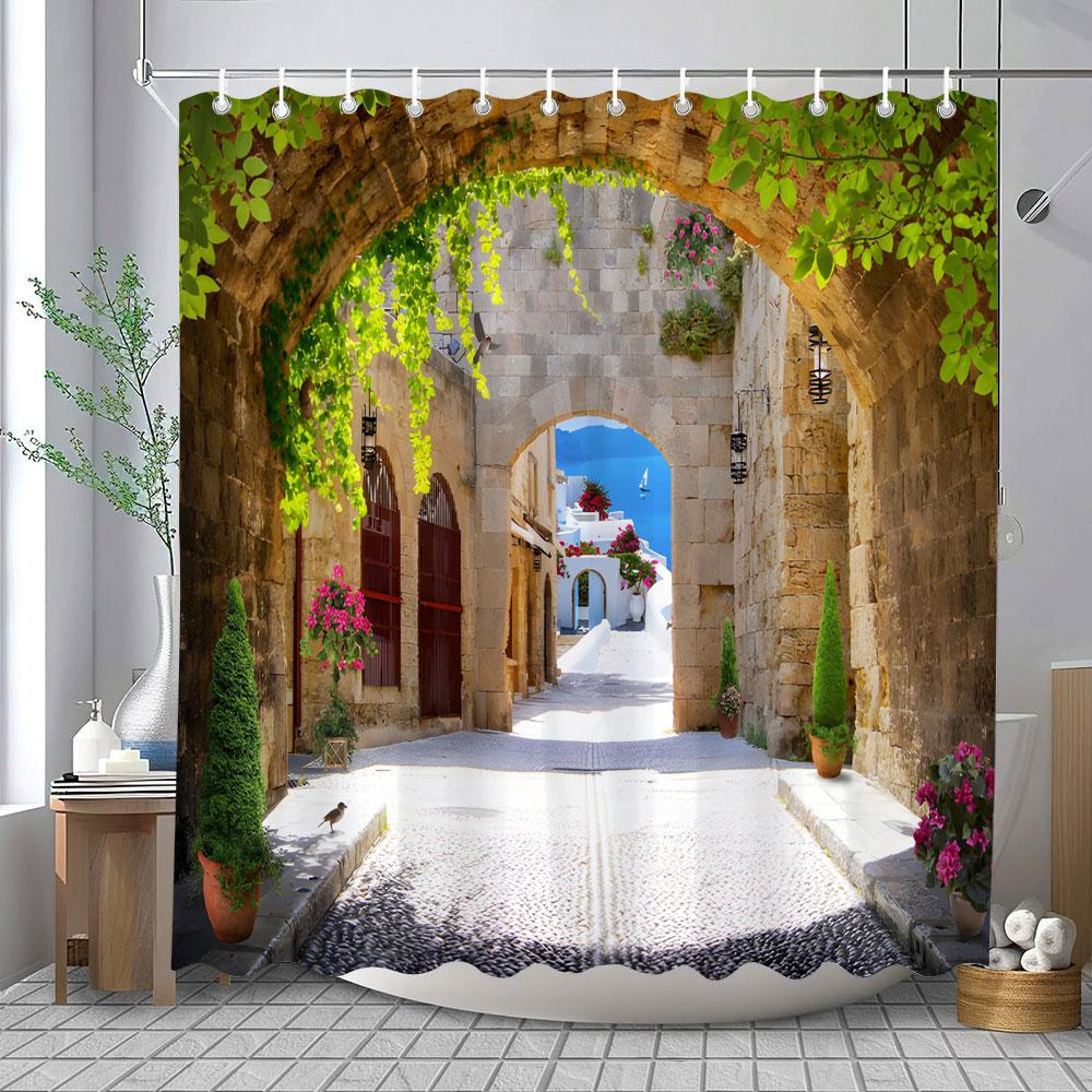Outdoor Garden Landscape Shower Curtain Lapa Old Town Coastal Landscape Mediterranean Landscape Shower Curtains Bathroom Decor