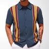 Men's Navy Color Block Striped Polo Shirt Short Sleeve Button Front Knit Slim Fit Casual Daily Streetwear Top