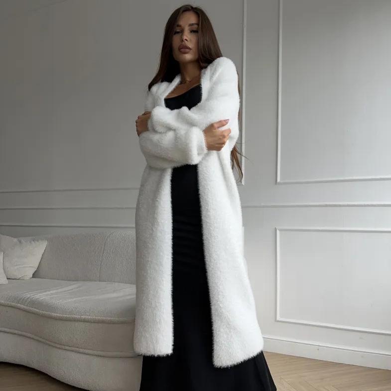 Damen Übergröße Weißer Faux-Mink-Cardigan - Weicher, lockerer, gestrickter Mantel für Herbst & Winter