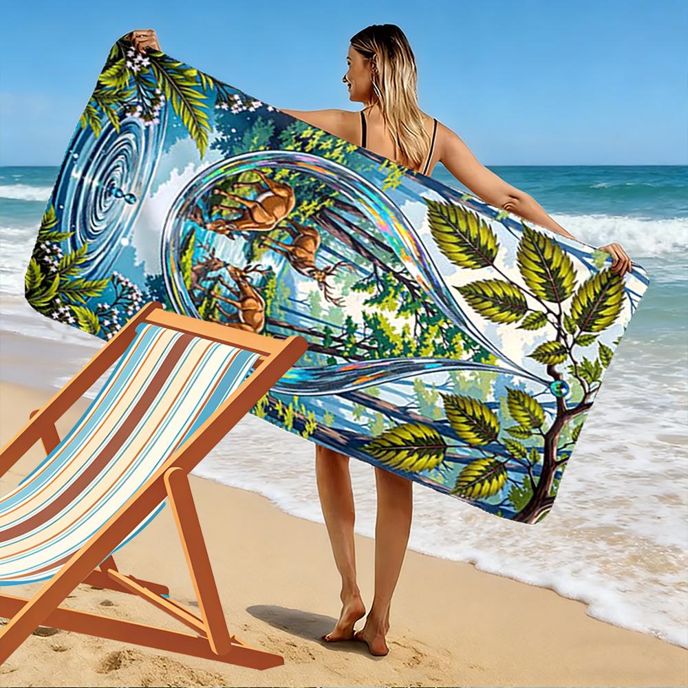Deer in Forest Water Droplet Art Beach towel quick-drying for travel outdoor sports jogging beach and swimming