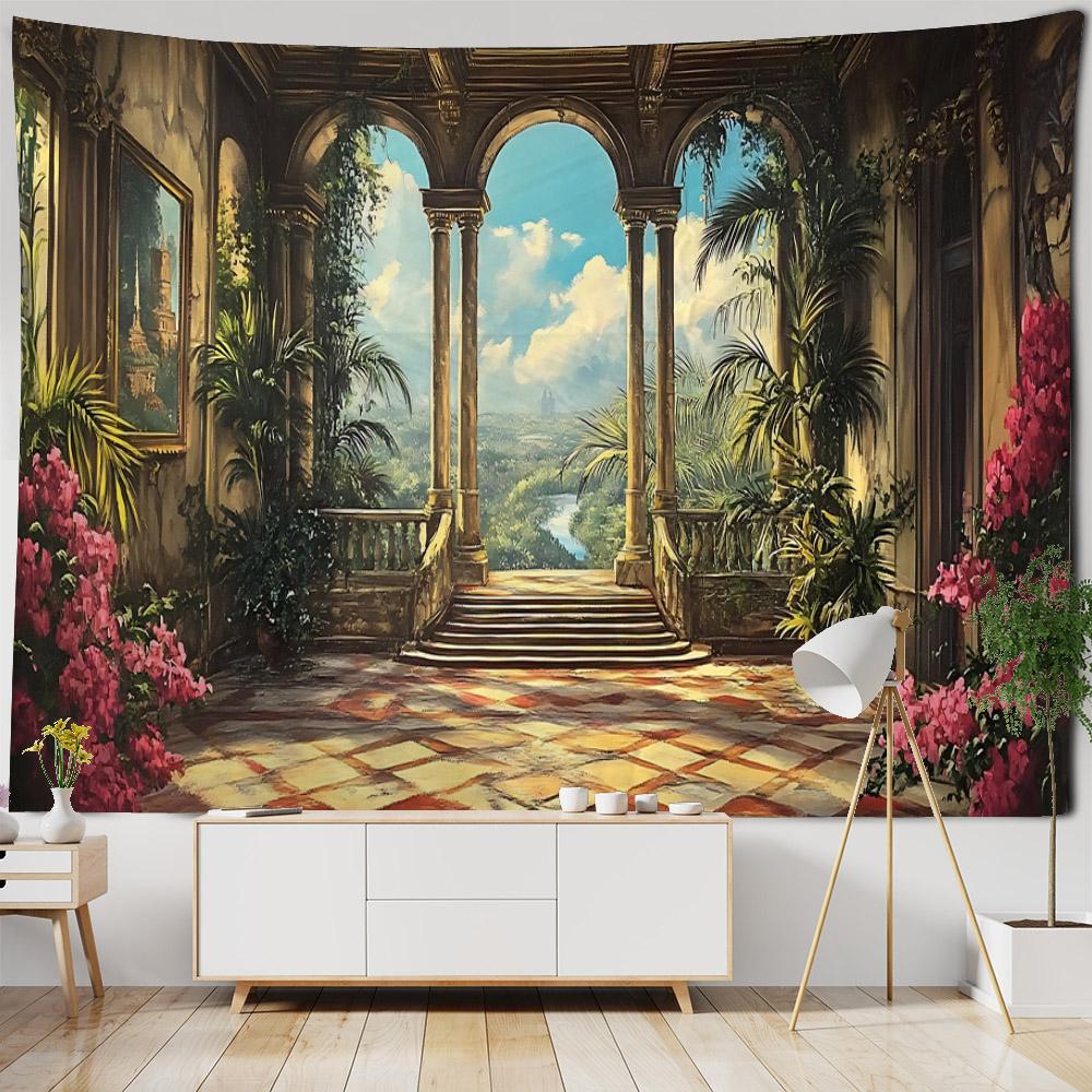Window floral tapestry balcony green plant wall hanging art, bedroom decoration, background poster, home life, picnic mat