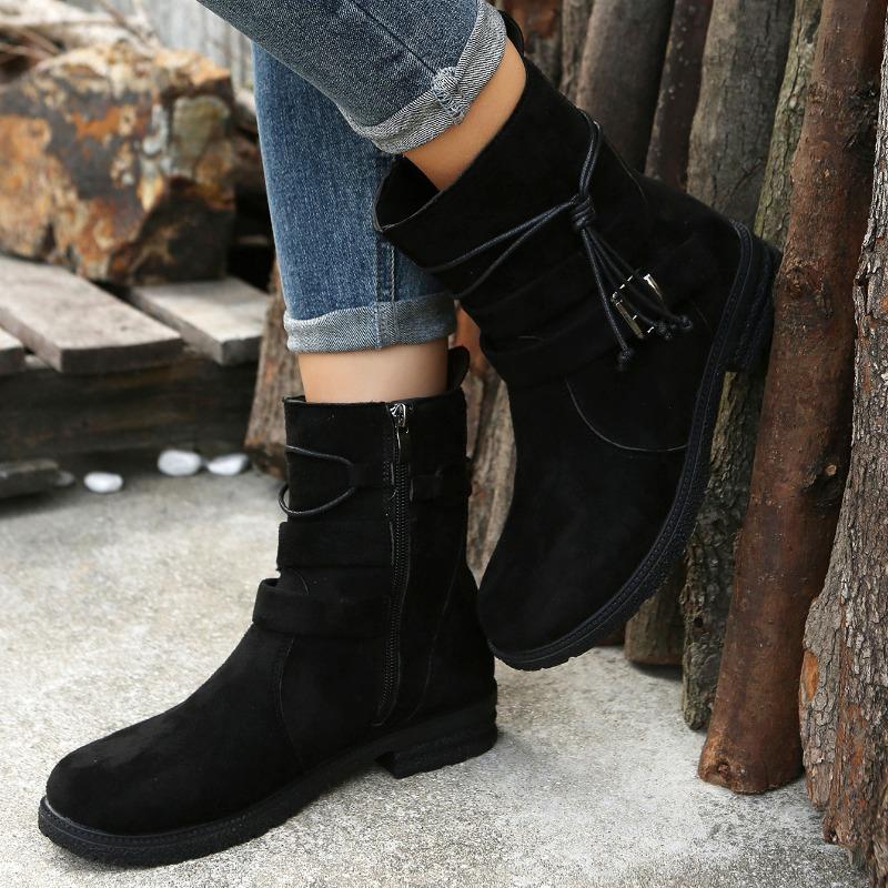 Fall/Winter New Arrival Round-Toe Side-Zip Low-Heel Oversized Short Boots Flat-Sole Buckle-Fastening Suede Martin Boots