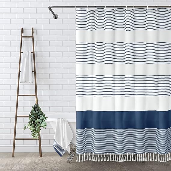 

Navy Blue Shower Curtain For Bathroom Stripe Tassel Shower Curtain 72 X 72 Inches Farmhouse Cotton тёмно-синий
