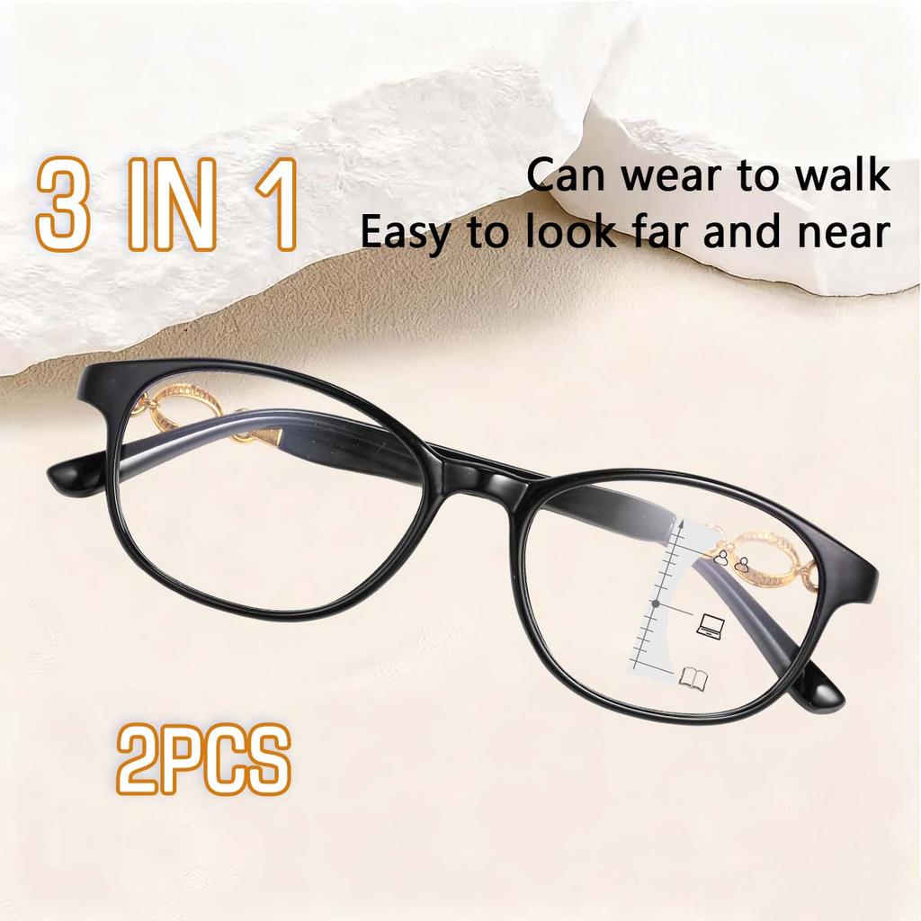 2pcs 3-in-1 Progressive Reading Glasses for Women Computer & Reading Use Glasses with Prescription Strengths +1.0 to +3.0