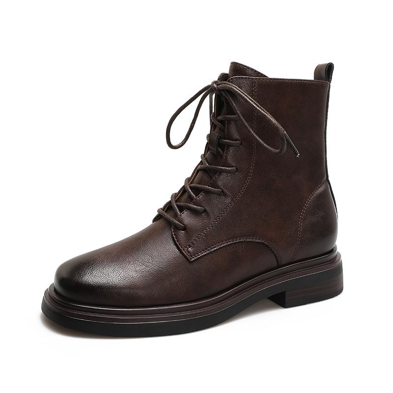 Плоские ботильоны ранняя осень ретро круглый носок мотоциклетные ботинки толстый каблук шнуровка ботильоны 39 темно-коричневого 5490₽