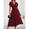 New Women's Elegant Solid Color Batwing Sleeve Maxi Dress, Overlap V-Neck Waist Pleated Long Dress for Summer Casual & Formal Occasions