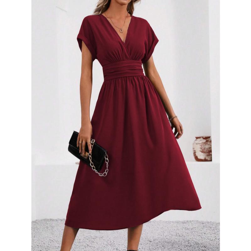 New Women's Elegant Solid Color Batwing Sleeve Maxi Dress, Overlap V-Neck Waist Pleated Long Dress for Summer Casual & Formal Occasions
