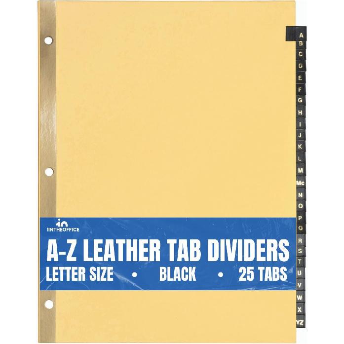 1InTheOffice Alphabet Dividers for 3 Ring Binder, A-Z Leather Dividers, 25-Tab, Black