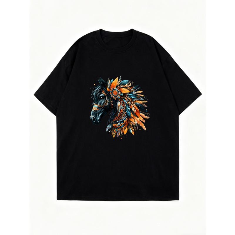 Oversized T Shirt Dress Black Horse With Feathers And Tribal Design Graphic Print Casual Streetwear For Women