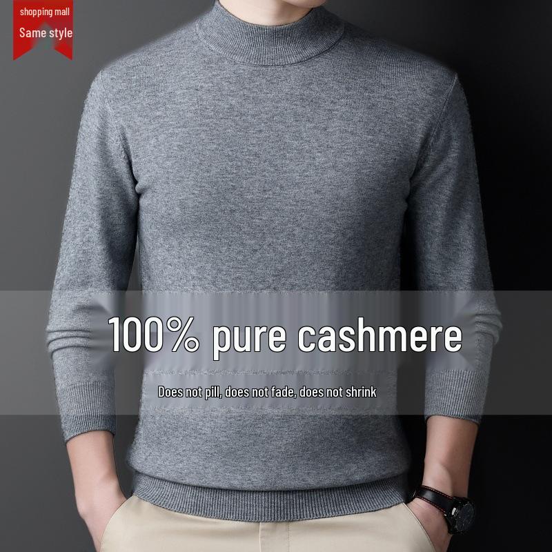 Men's 100% Cashmere Mid-Neck Black Sweater - Thickened Winter Base Layer