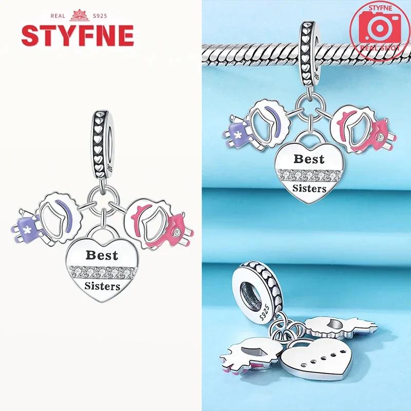 925 Silver Sisters On Swing Heart Charm Beads DIY Bracelet Fine Jewelry Gift for Women Sister Forever