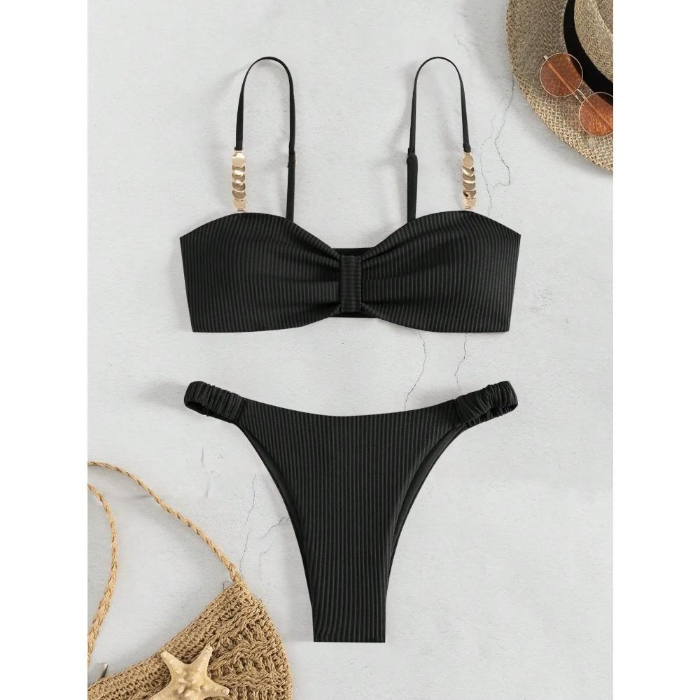 Sexy Front Bow Push Up Bikini Set 2025 Women Metal Strap Hollow Out Bra Pleate Thong Swimsuit Summer Bathing Suit White Swimwear