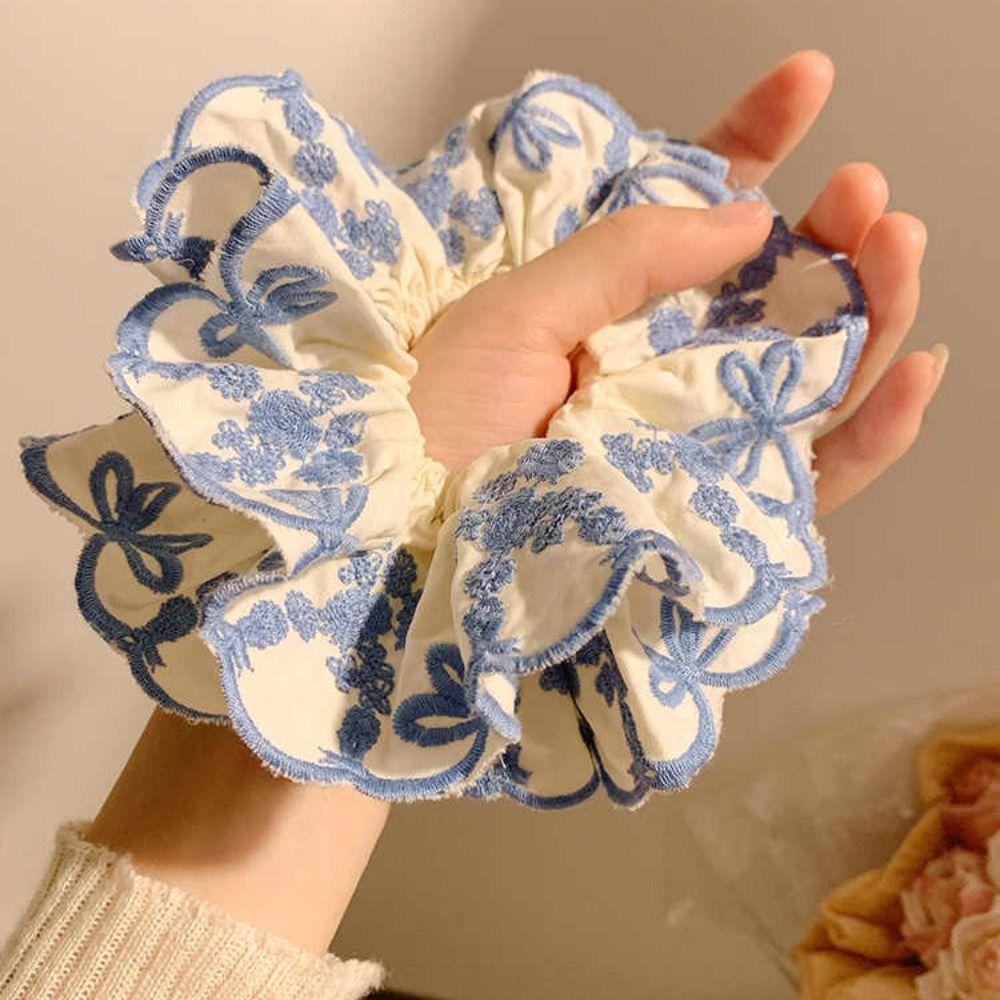Bow Elastic Hair Bands Blue Embroidery Large Hair Scrunchies Sweet Exaggerated Hair Rope Ladies