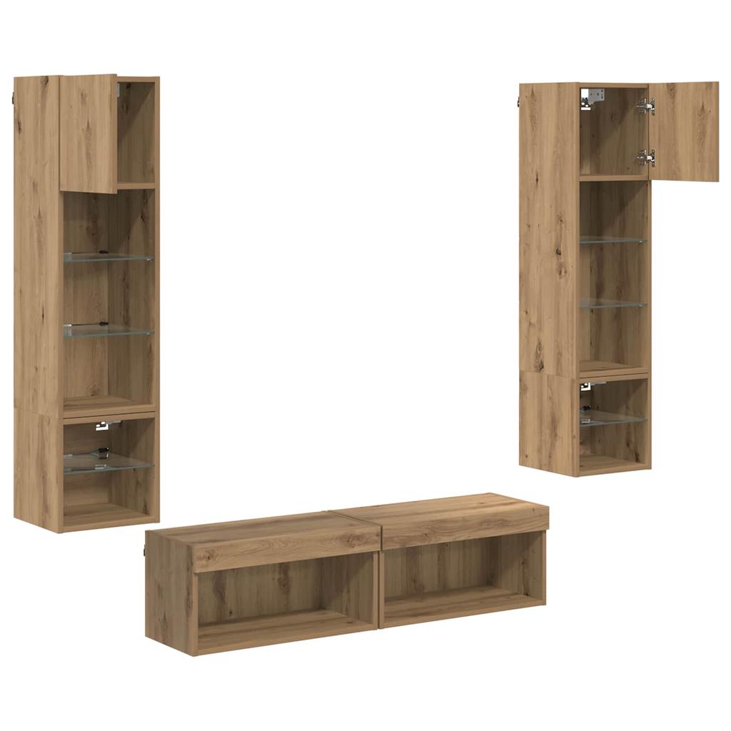 LED TV Wall Unit Wall Mounted 6 Pcs Artisan Oak Wood Based Panel