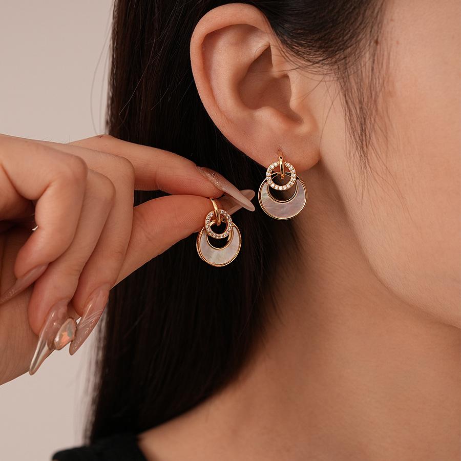 Imitation shell zircon double-layer circle silver needle earrings real gold electroplating geometric temperament earrings