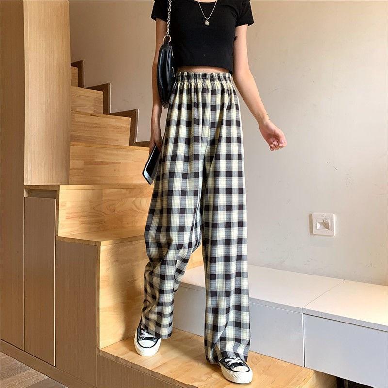 Vintage Plaid Women Pants High Waist Wide Leg Straight Pant Loose Casual Female Trousers Wide Leg Pant Fashion Streetwear
