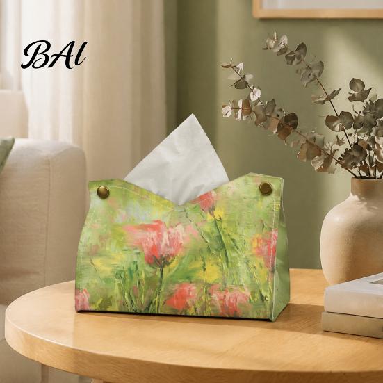 Kitchen Paper Organizer Leather Tissue Box Cover with Oil Painting Pattern, Foldable Desktop Organizer, Napkin Holder Sturdy Case, Facial Dispenser,