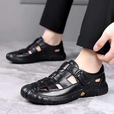 Sandals Men's Summer Leather Breathable Velcro Hollow Leather Shoes Men's Non-slip Soft Sole Casual Shoes Rubber Sole