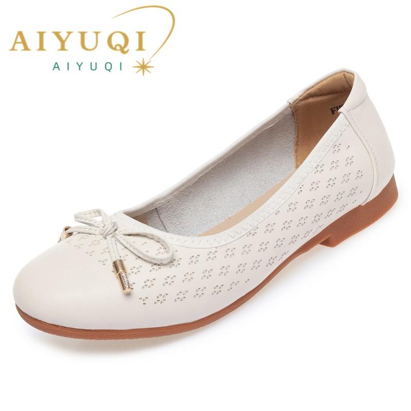 Fashion AIYUQI Women Summer Shoes 2025 Spring New Genuine Leather Flat Casual Shoes Women Round Toe Large Size Cutout Mom Shoes Women