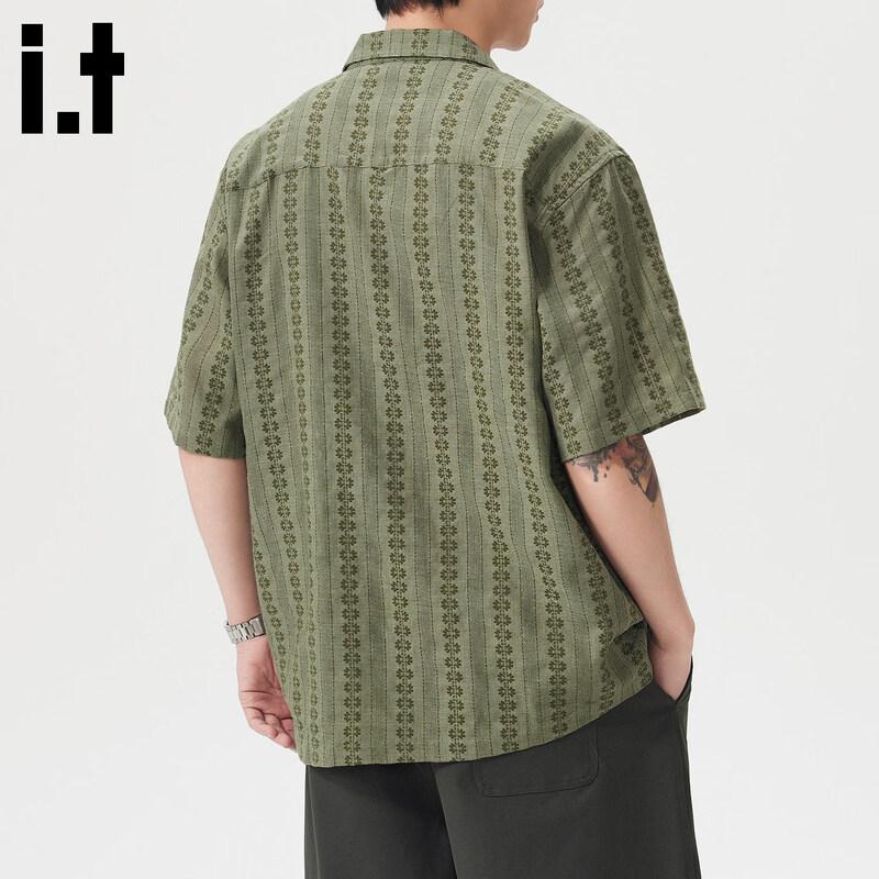 :CHOCOOLATEit Men's American Retro Jacquard Cuban Collar Short Sleeve Shirt