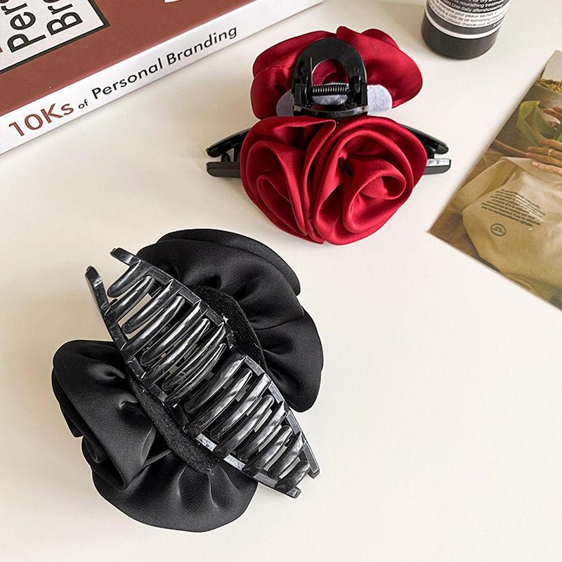 1pc High end satin rose flower claw clip temperament hair clip large elegant back of the head disheveled shark hair