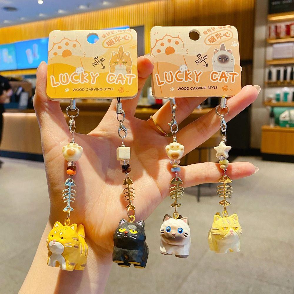 2Pcs Bag Hanging Resin Cat Pendant Cute Car Keyring Cartoon Cat Fishbone Keychain  Bag Decor