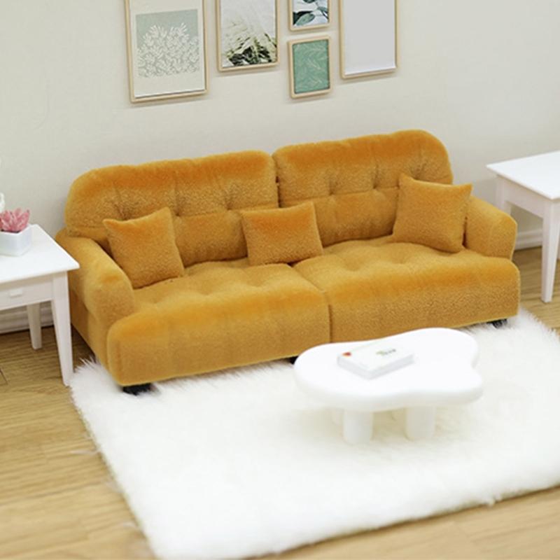 Handmade Mini Couch Dollhouses Single Sofa Set Flocking Loveseat Seater For Realistic Bedroom Scenes