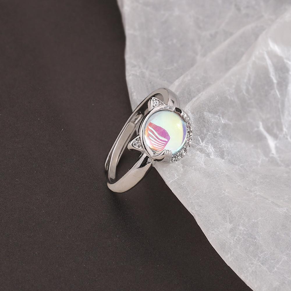 Elegant And Simple Copper Cat Ring With Rainbow Moonstone Fashionable Accessory Hand