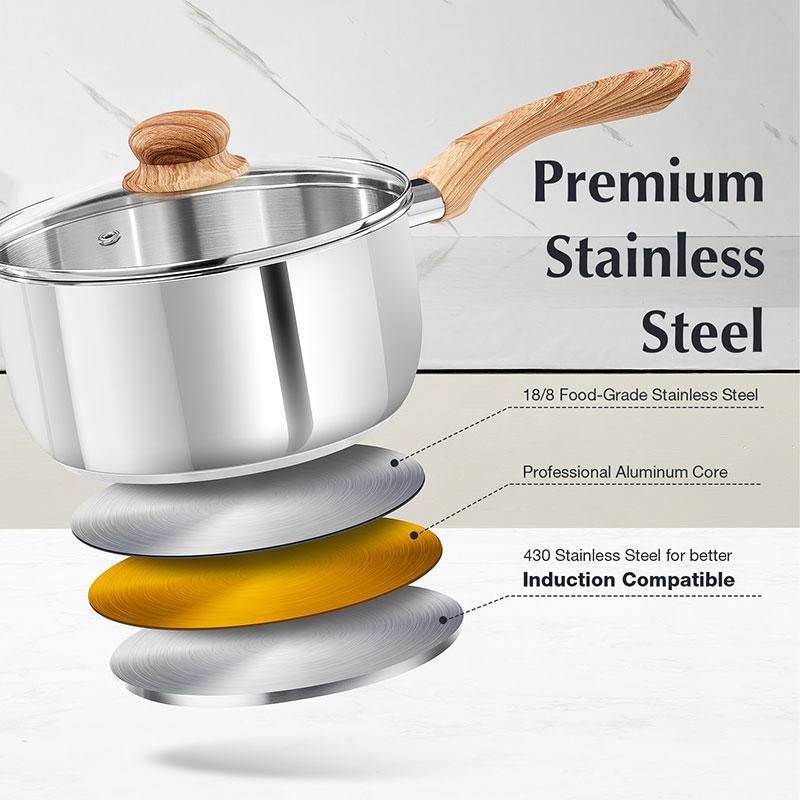 1 Quart Stainless Steel Saucepan With Glass Lid Wooden Handle Kitchen Saucepans Pot for Noodles Soups Hot Milk Cookware