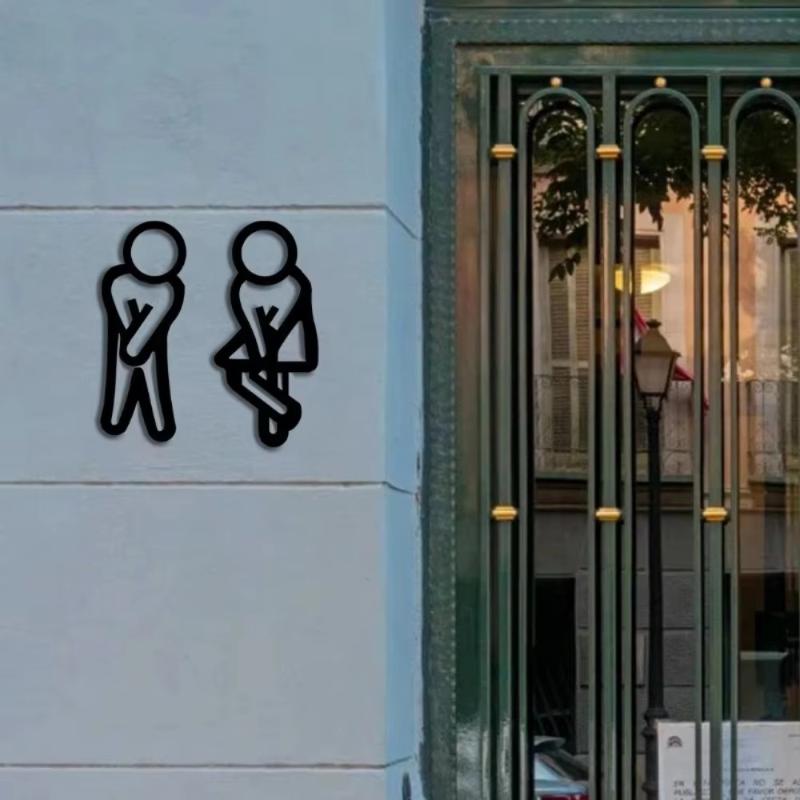2Pcs/set 2D Flat Funny Restroom Signs Black Plastic Men Women Toilet Signage Wall Sticker Door Decor For Restaurant Hotel Cafe
