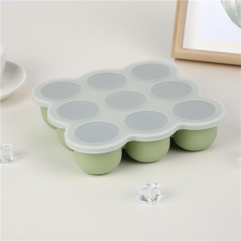 Food grade silicone ice cube tray with 9 molds, silicone ice mold with lid for making large ice cubes and baby food storage box